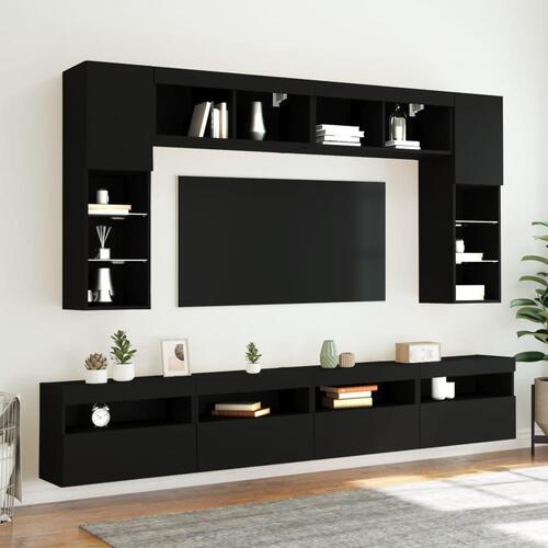 Væghængt tv-møbel 8 dele med LED-lys sort