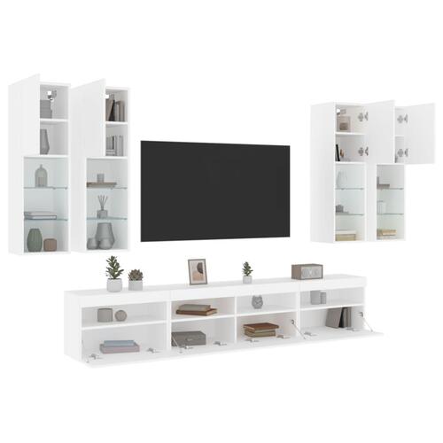 Væghængt tv-møbel 6 dele med LED-lys hvid