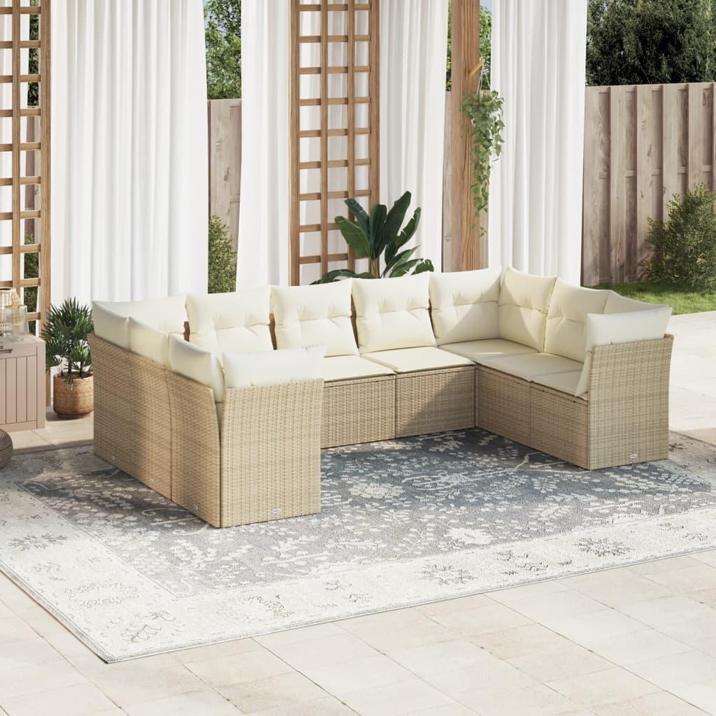 Havesofasæt 9 dele med hynder i polyrattan - beige