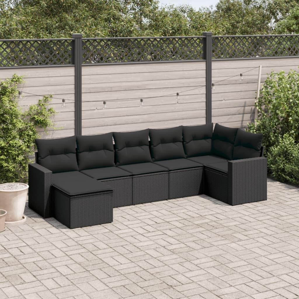 Sofasæt til haven i polyrattan - 7 dele med hynder, sort