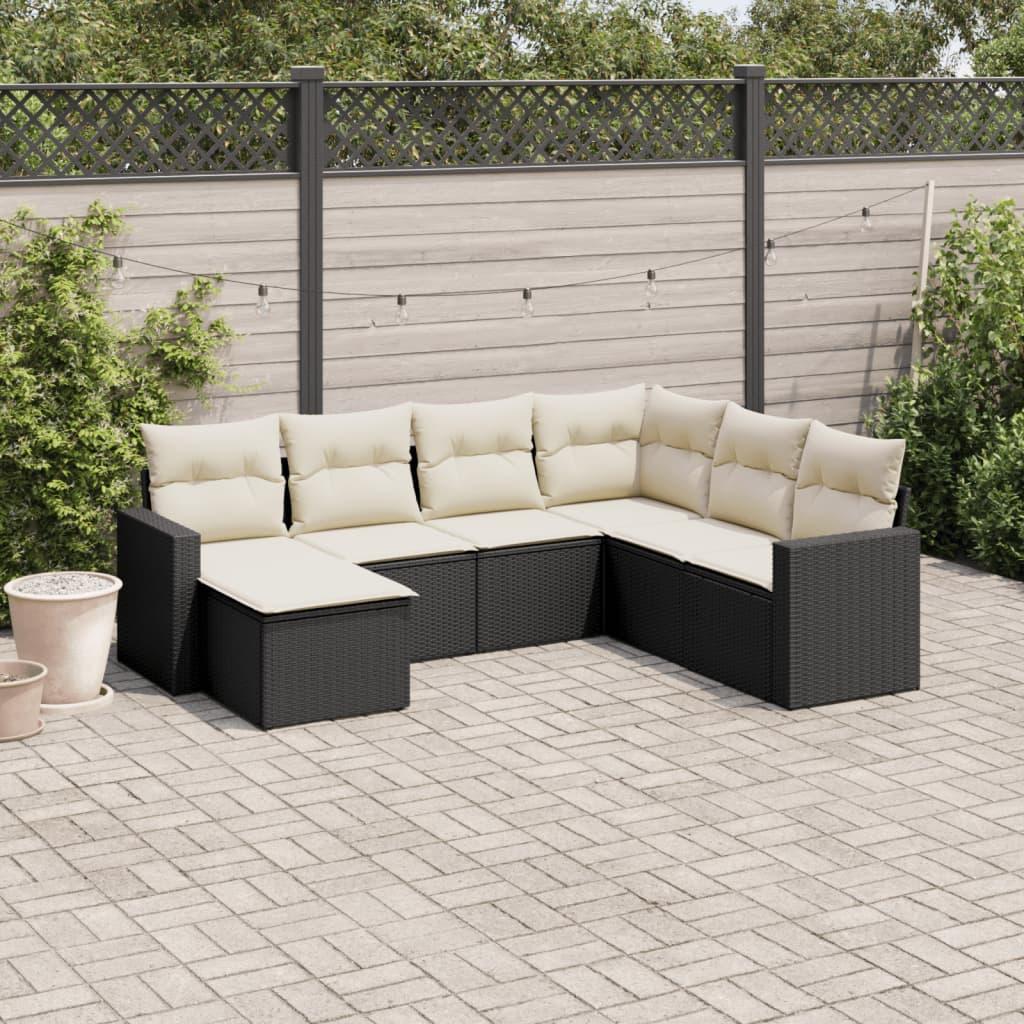 Sofasæt til haven i polyrattan - 7 dele, sort med creme hynder