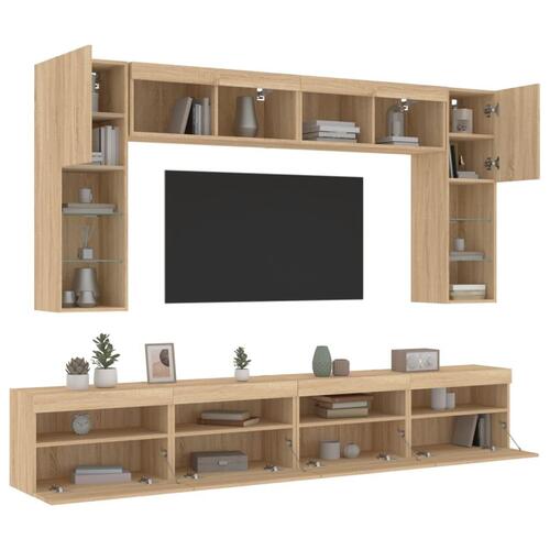 Væghængt tv-møbel 8 dele med LED-lys sonoma-eg