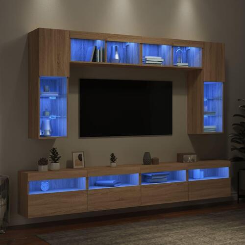 Væghængt tv-møbel 8 dele med LED-lys sonoma-eg