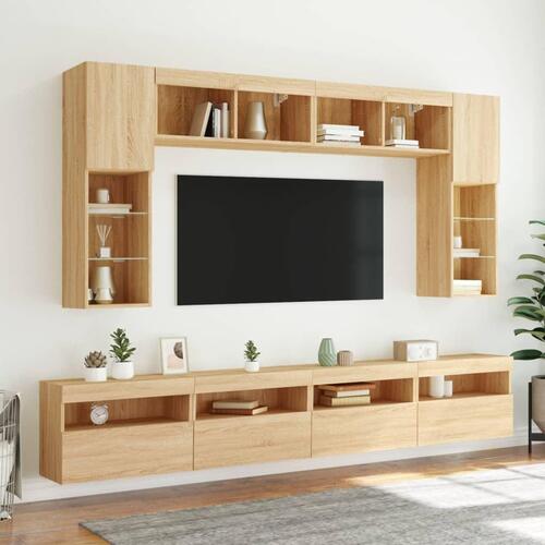 Væghængt tv-møbel 8 dele med LED-lys sonoma-eg