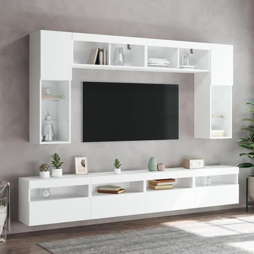 Væghængt tv-møbel 8 dele med LED-lys hvid