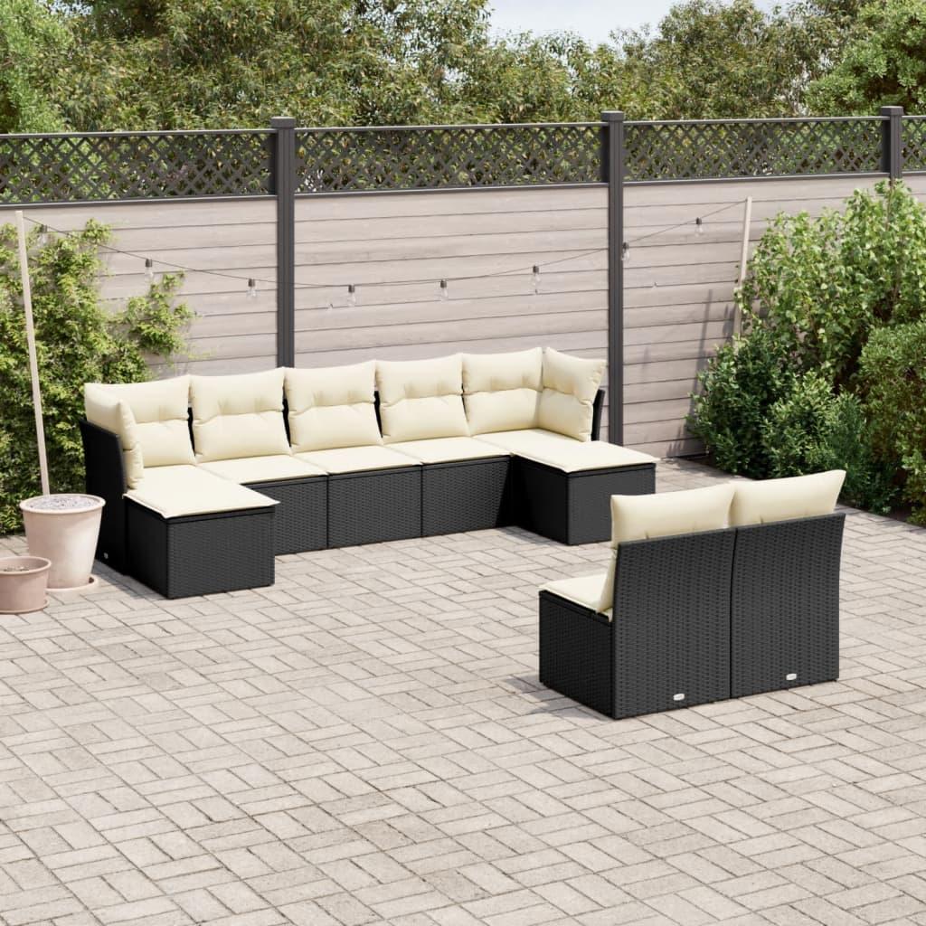 Sofasæt til haven i polyrattan - 9 dele med hynder, sort/creme