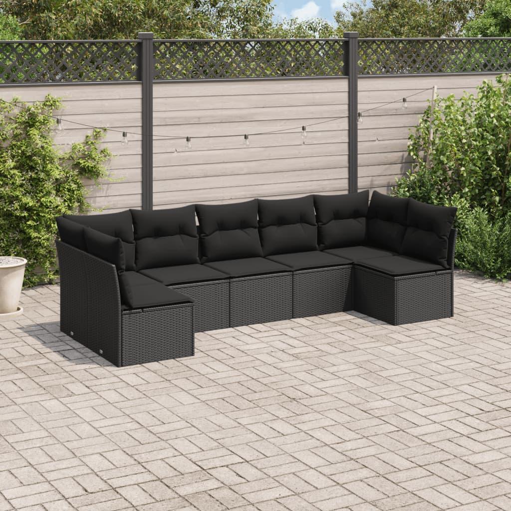 Havesofasæt 7 dele med hynder i polyrattan sort