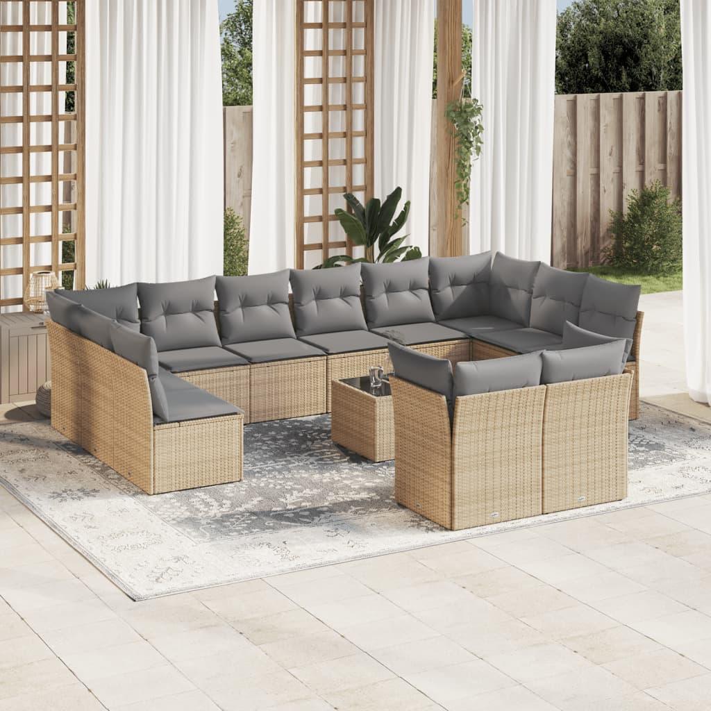 Sofasæt til haven i polyrattan - 13 dele med hynder, beige/lysegrå
