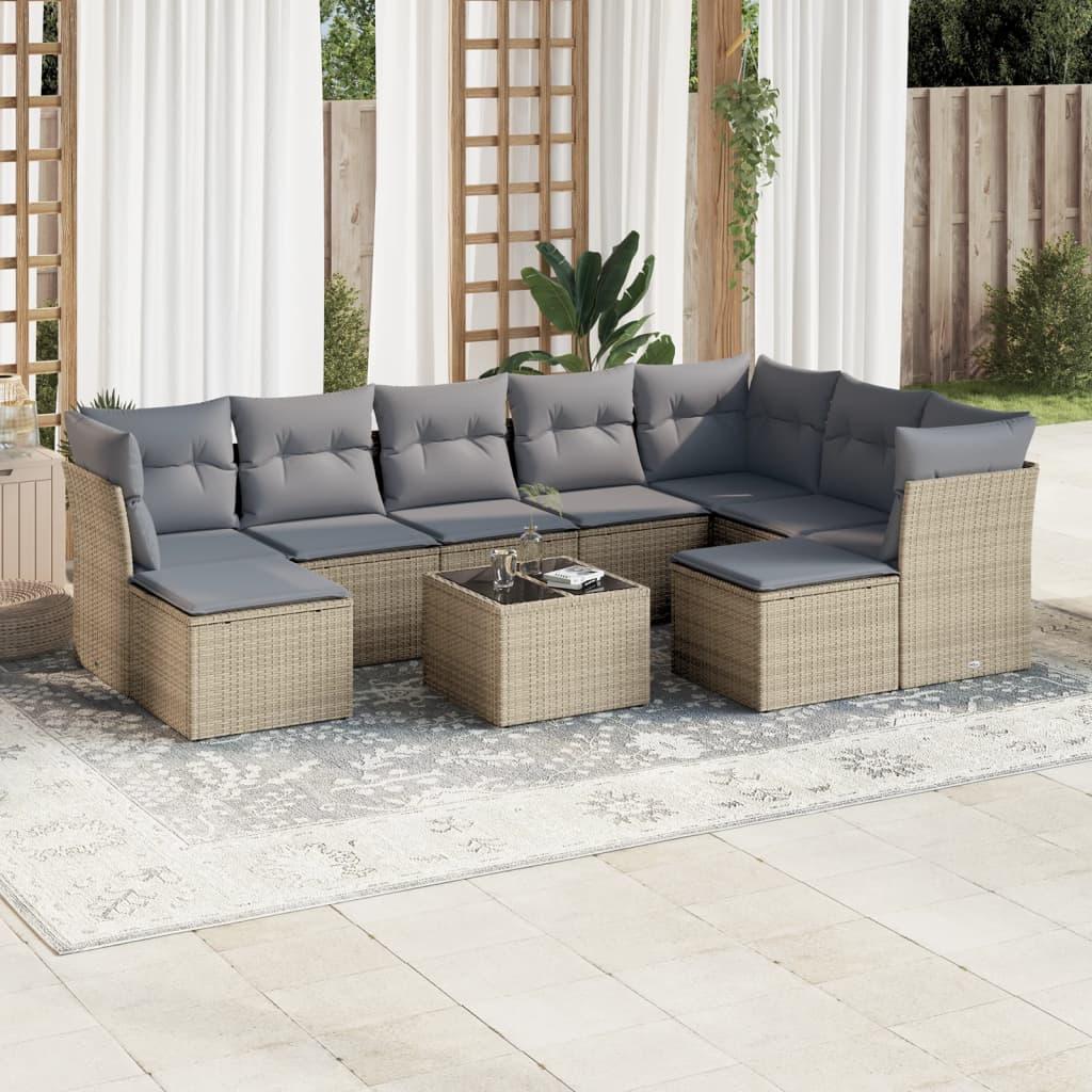 Sofasæt til haven i polyrattan - 10 dele med hynder, beige/lysegrå billede