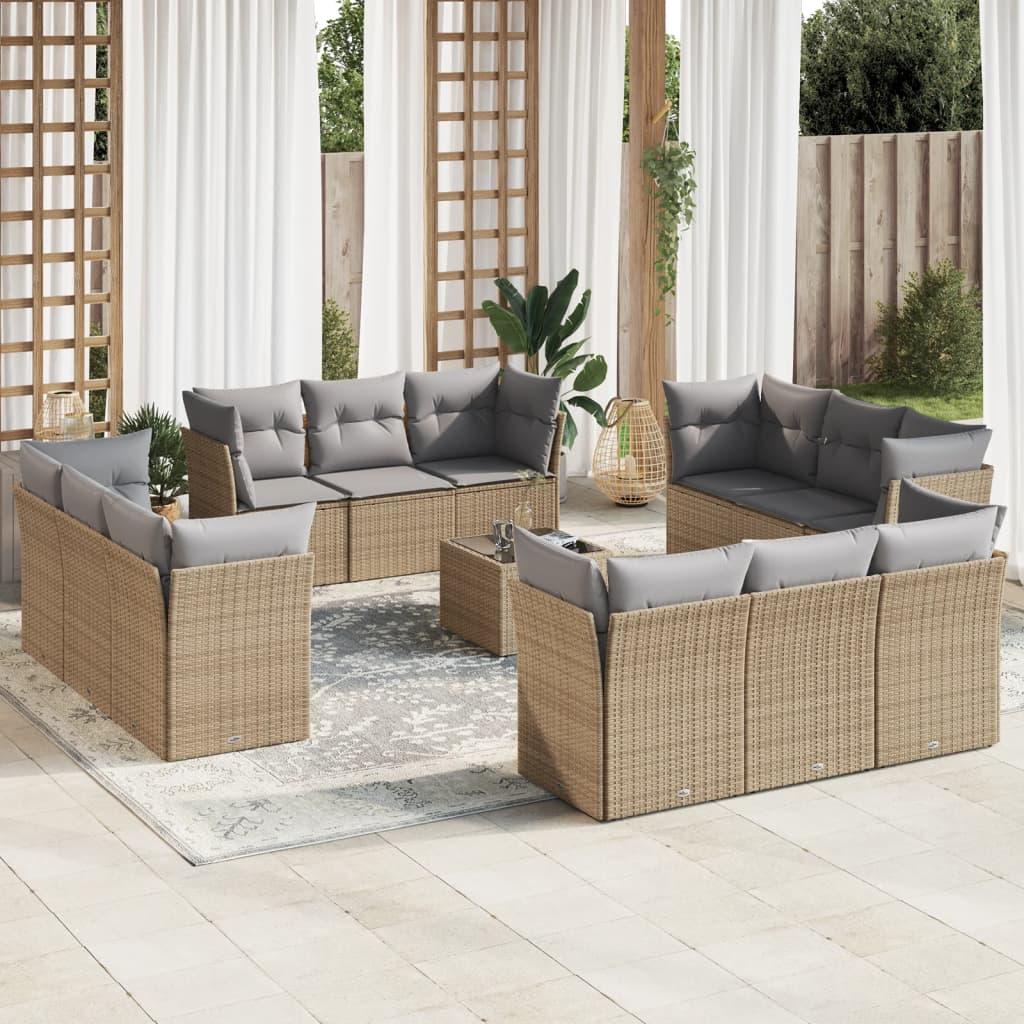 Sofasæt til haven i polyrattan - 13 dele med hynder, beige/lysegrå billede