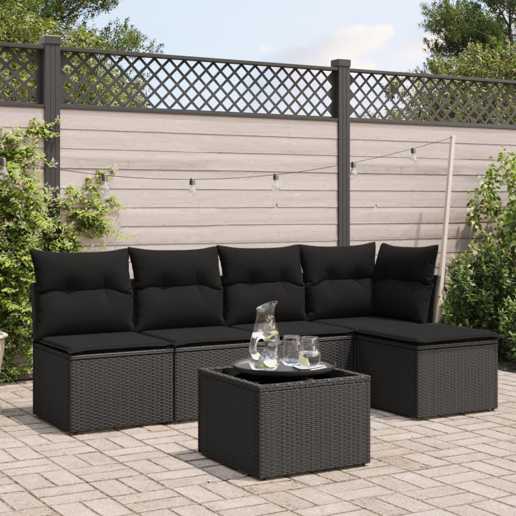 Sofasæt til haven i polyrattan - 6 dele med hynder, sort