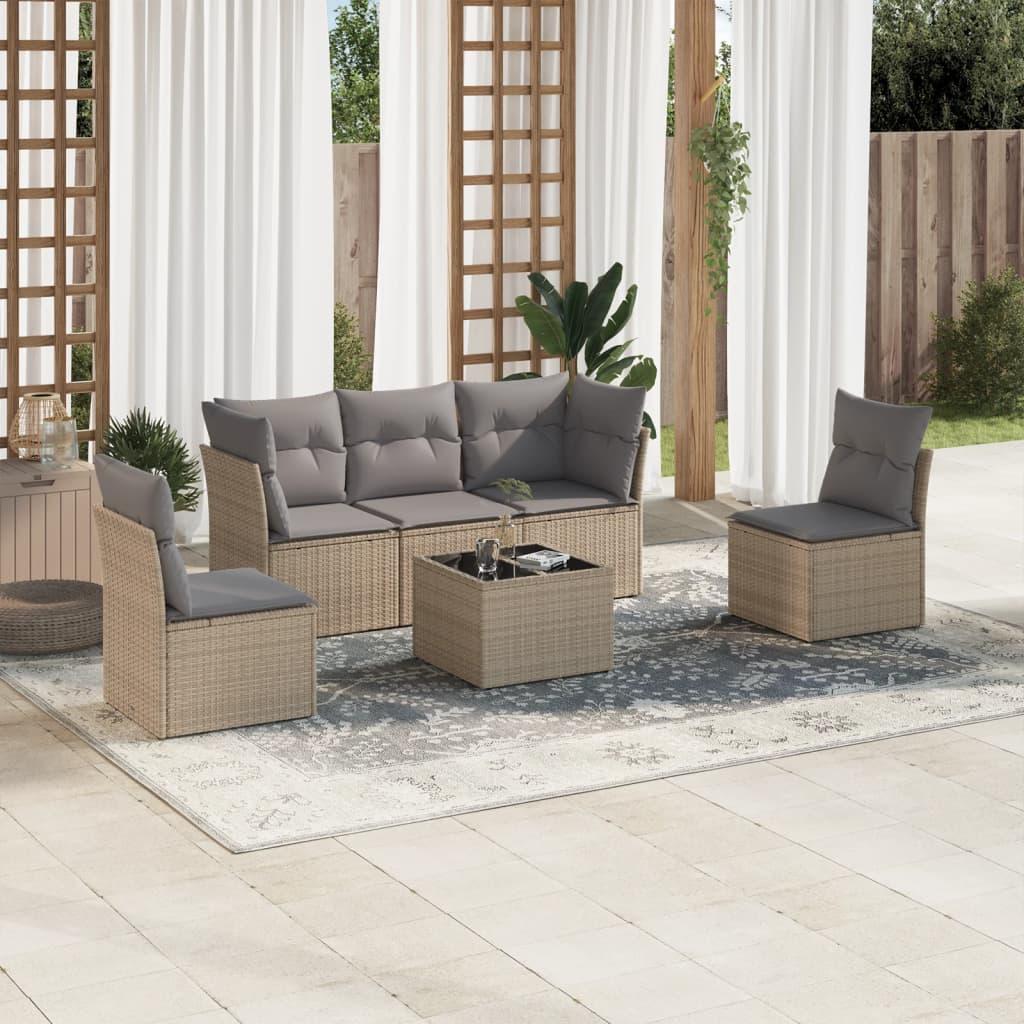 Sofasæt til haven 6 dele med hynder og glasbord i polyrattan beige billede