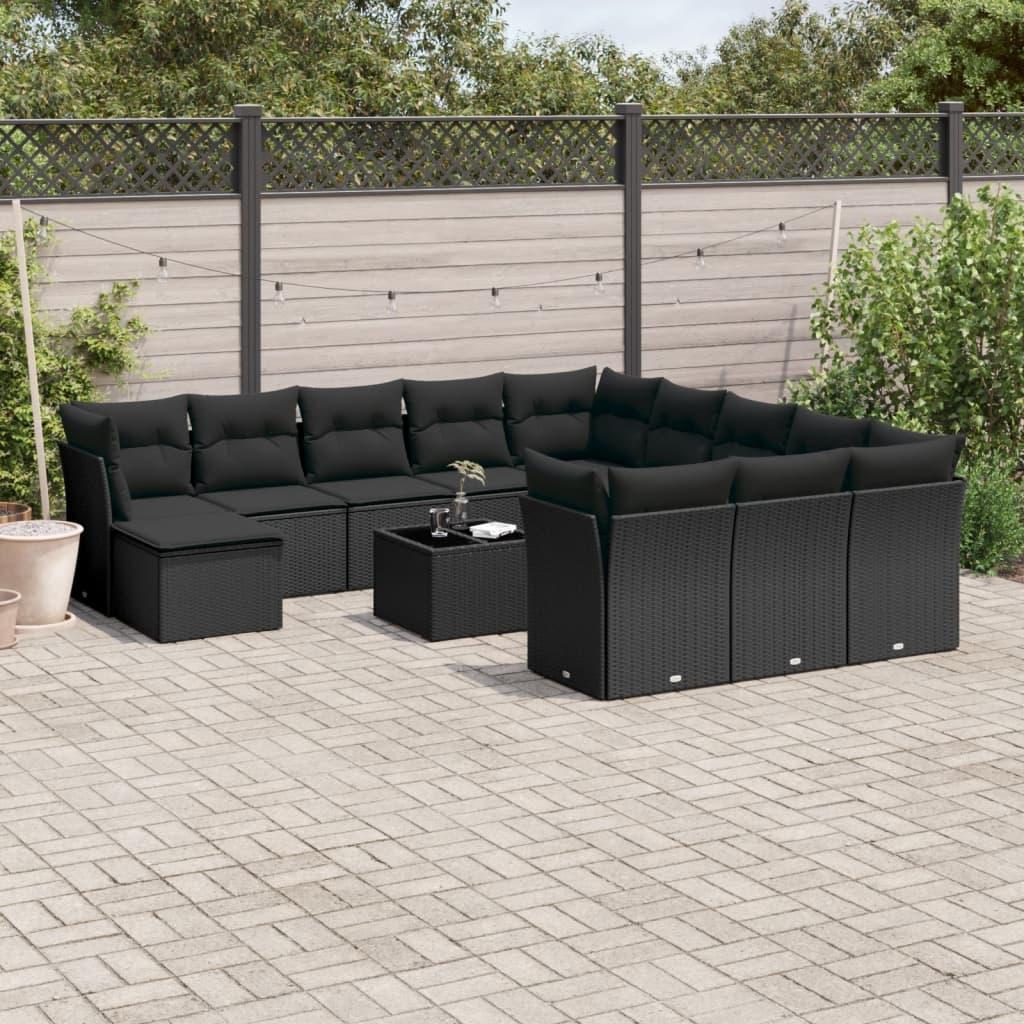 Sofasæt til haven i polyrattan - 13 dele med hynder, sort