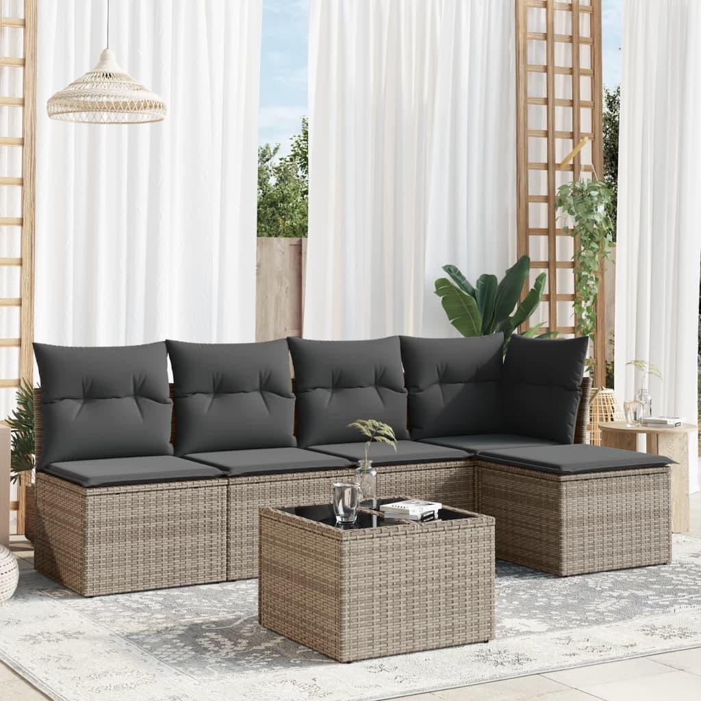 Sofasæt til haven i polyrattan - 6 dele med hynder, grå