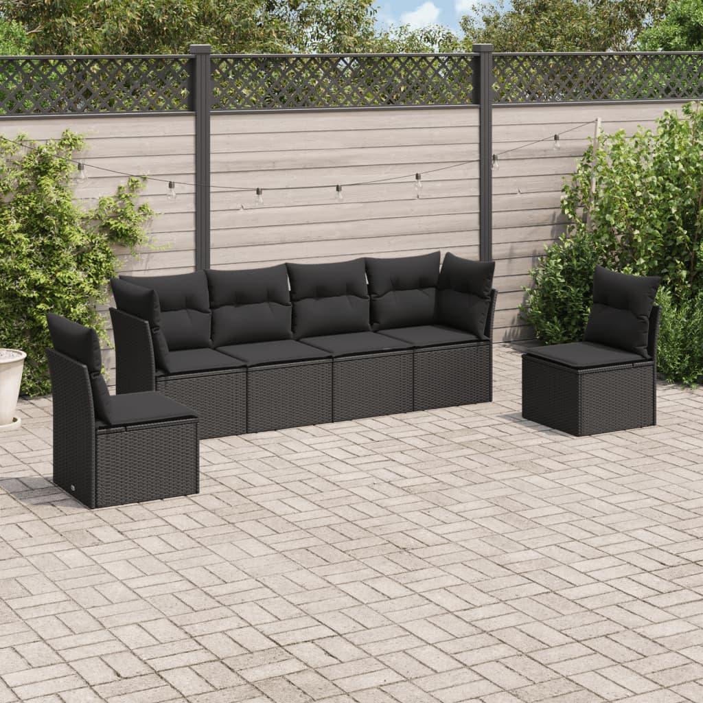 Havesofasæt i polyrattan - 6 dele med hynder, sort