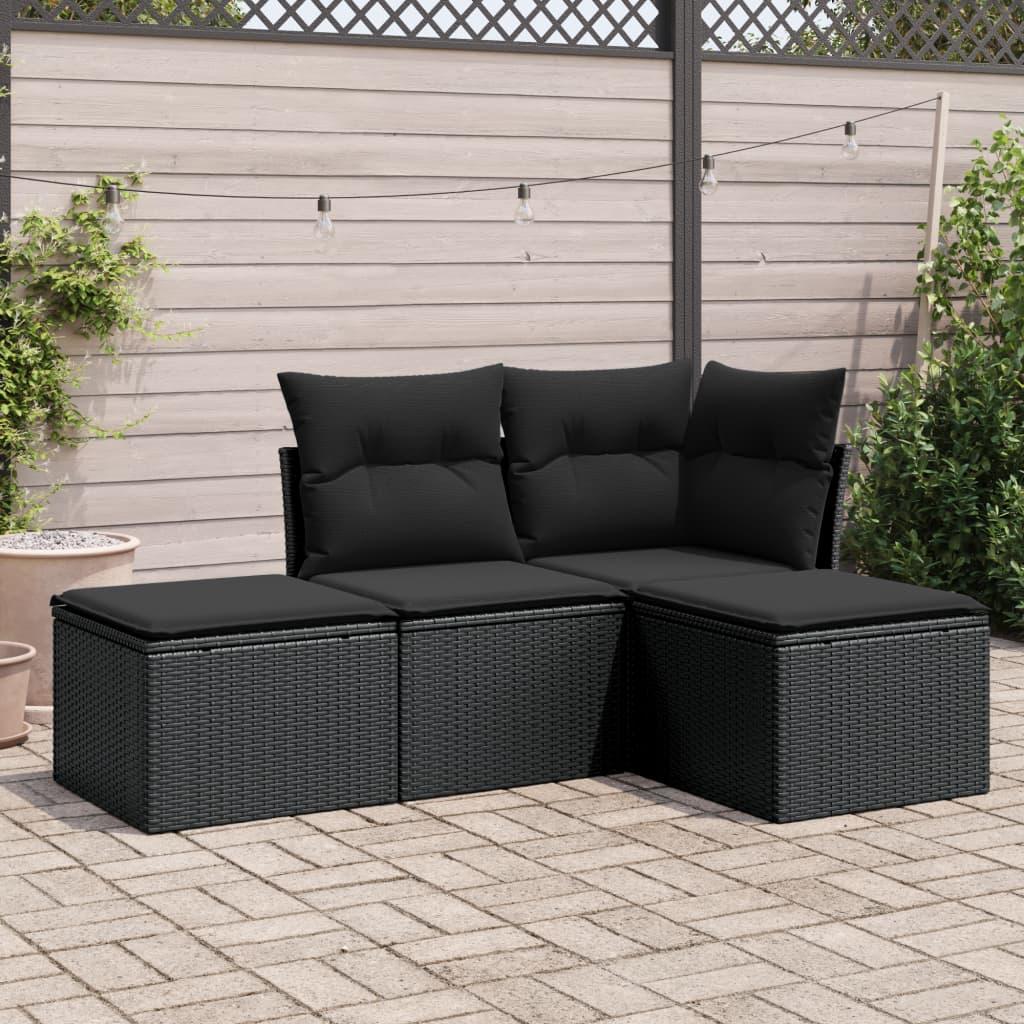 Havesofasæt i polyrattan 4 dele med hynder sort