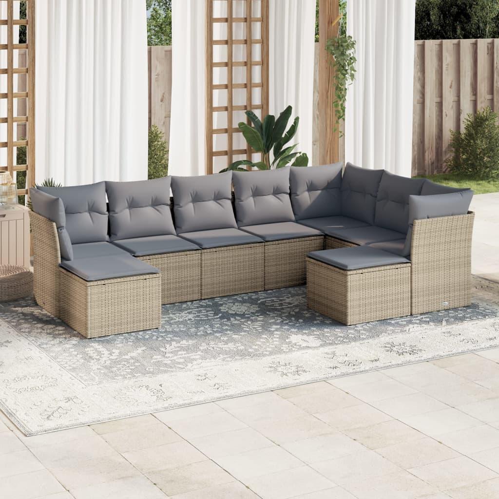 Sofasæt til haven i polyrattan - 9 dele med hynder, beige/lysegrå