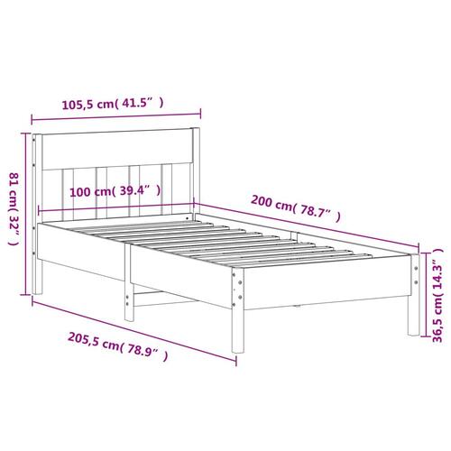 Sengeramme med sengegavl 100x200 cm massivt fyrretræ