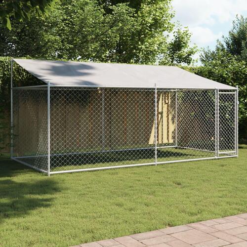 Hundegård med tag og låge 4x2x2 m galvaniseret stål grå