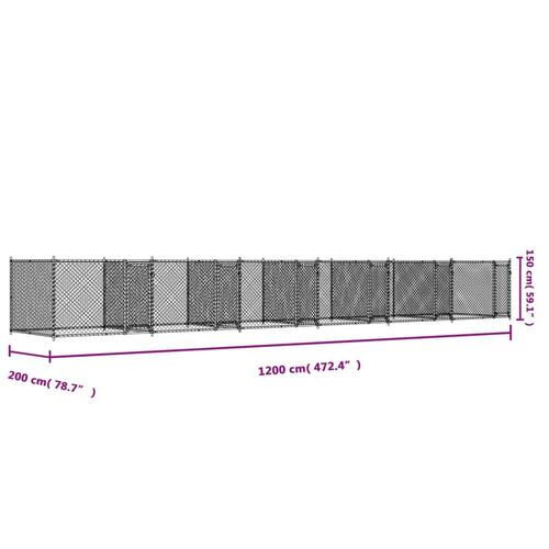 Hundegård med låger 12x2x1,5 m galvaniseret stål grå