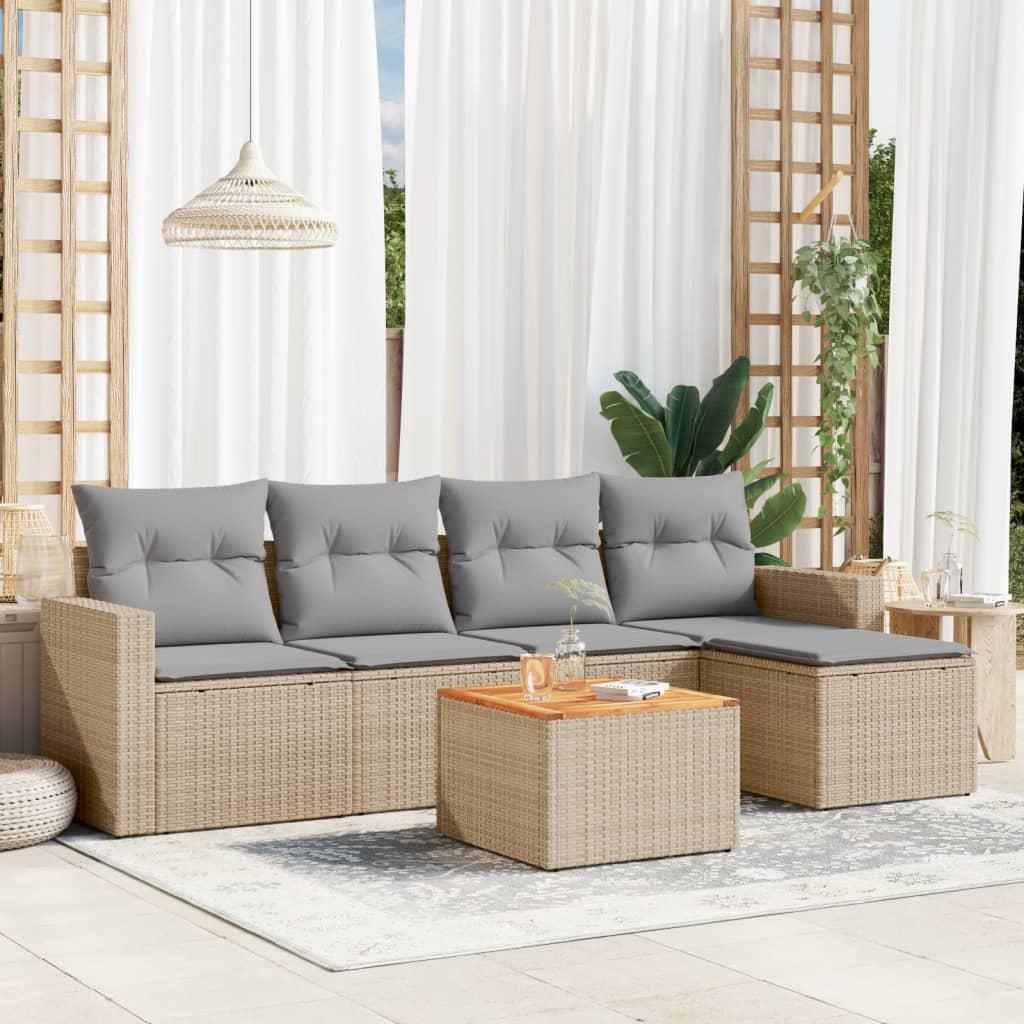 Sofasæt til haven i polyrattan - 6 dele med hynder, beige billede