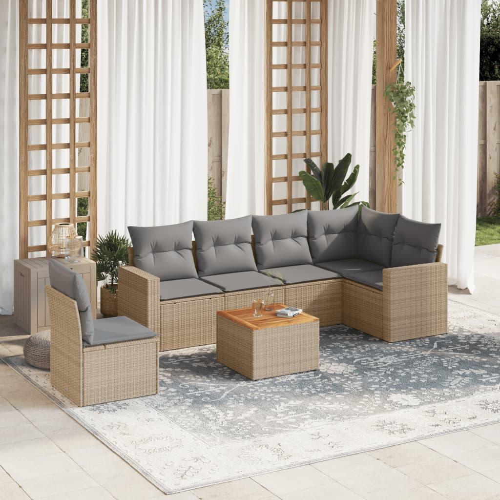 Sofasæt til haven i polyrattan - 7 dele med hynder, beige billede