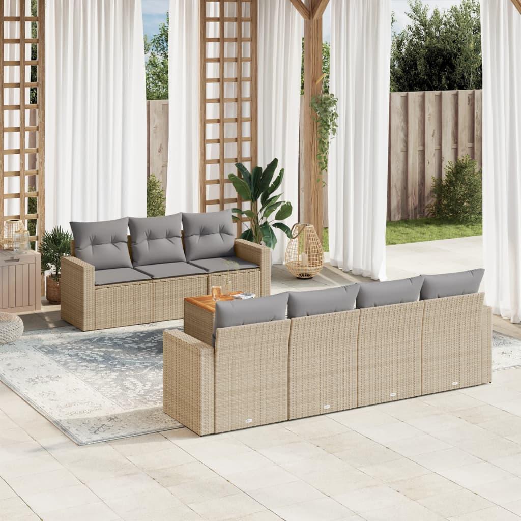 Sofasæt til haven i polyrattan - 8 dele med hynder, beige