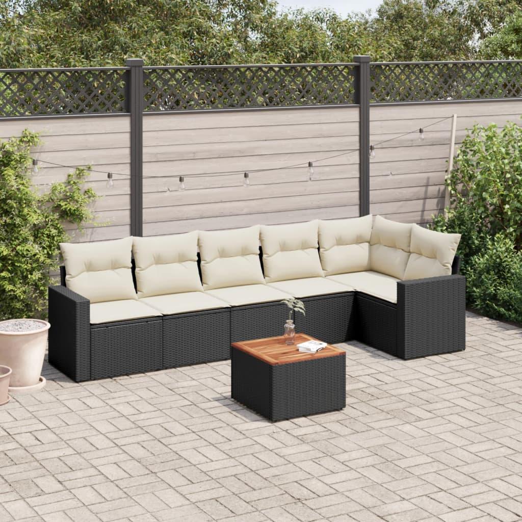Sofasæt til haven i polyrattan - 7 dele med hynder, sort