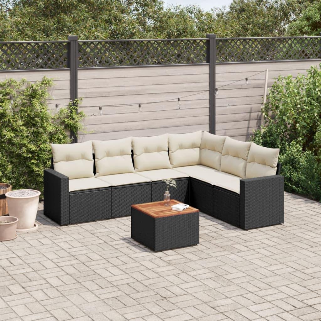 Sofasæt til haven i polyrattan - 7 dele med hynder, sort