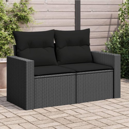 Havesofa med hynder 2-personers - sort polyrattan