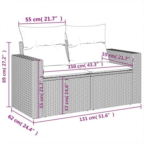 Havesofa med hynder 2-personers - sort polyrattan