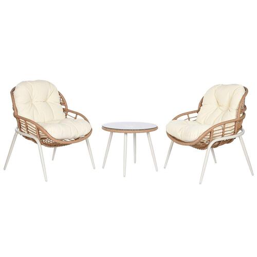 Bord med 2 lænestole Home ESPRIT Hvid Beige Grå Metal Krystal syntetisk Rattan 55 x 55 x 47 cm