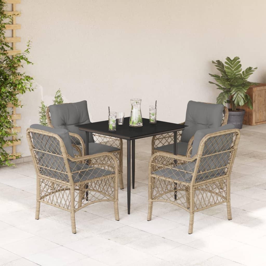 Spisebordssæt til haven 5 dele med hynder polyrattan beige