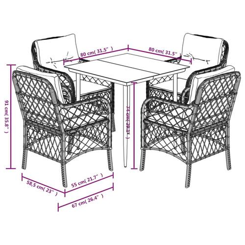 Spisebordssæt til haven 5 dele med hynder polyrattan beige