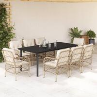 Spisebordssæt til haven 9 dele med hynder polyrattan beige