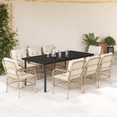 Spisebordssæt til haven 9 dele med hynder polyrattan beige