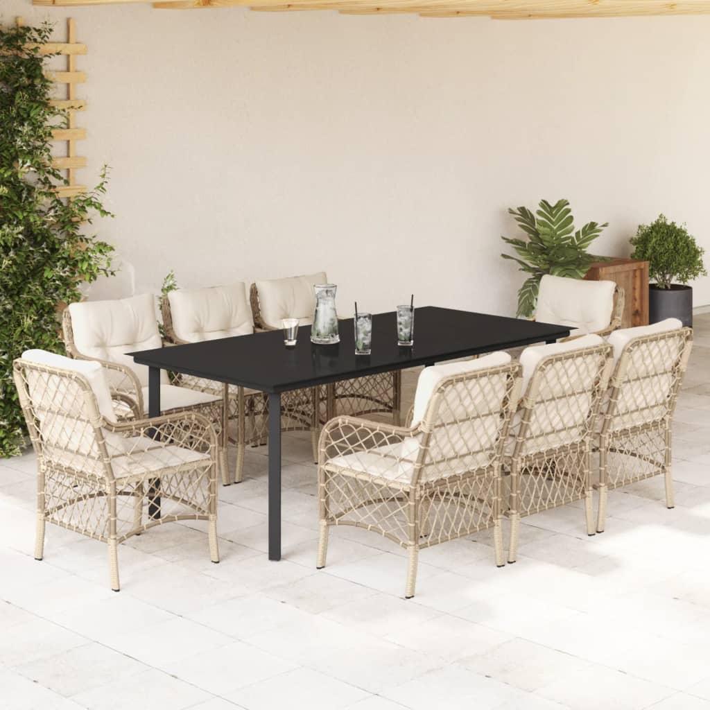 Spisebordssæt til haven 9 dele med hynder polyrattan beige