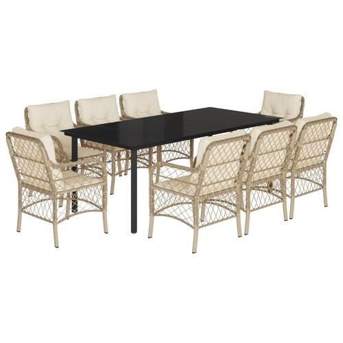Spisebordssæt til haven 9 dele med hynder polyrattan beige