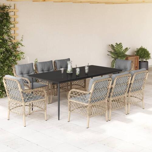 Spisebordssæt til haven 9 dele med hynder polyrattan beige