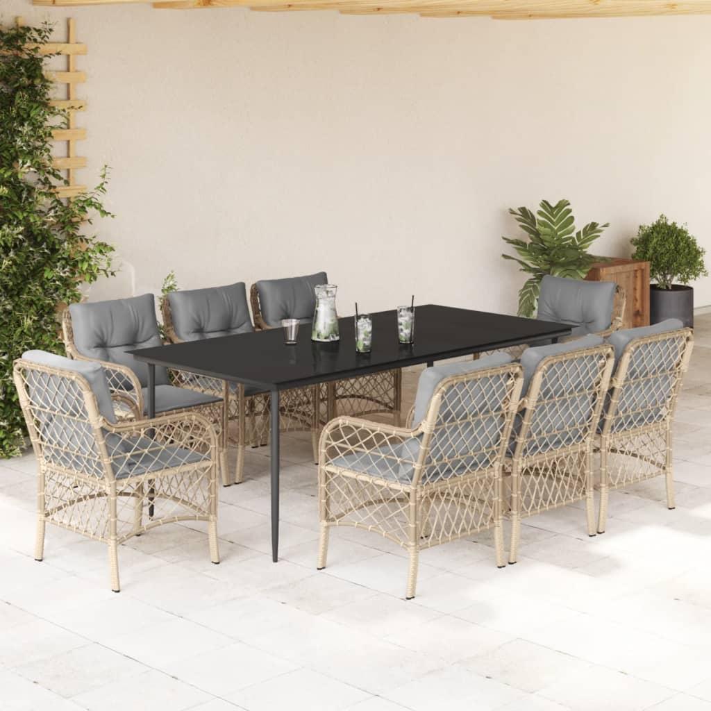 Spisebordssæt til haven 9 dele med hynder polyrattan beige