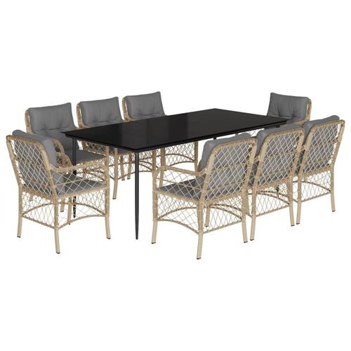 Spisebordssæt til haven 9 dele med hynder polyrattan beige
