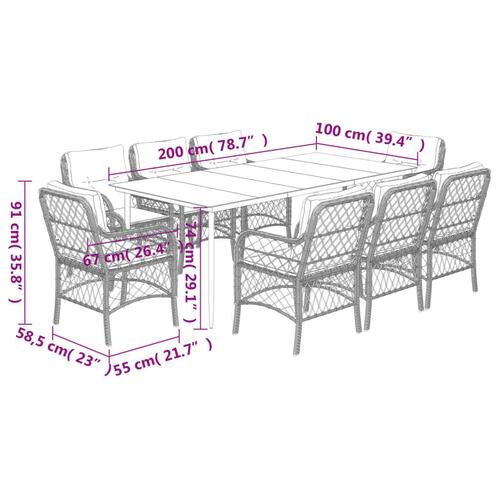 Spisebordssæt til haven 9 dele med hynder polyrattan beige