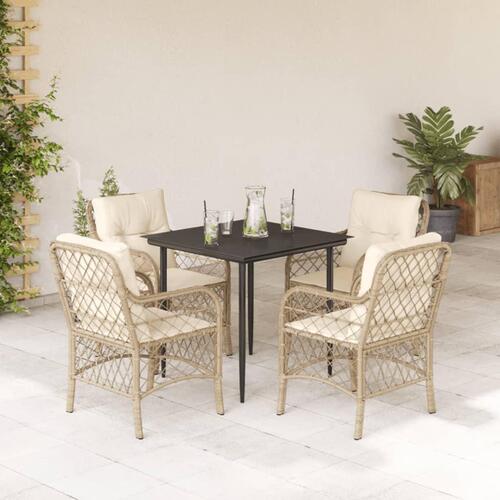 Spisebordssæt til haven 5 dele med hynder polyrattan beige
