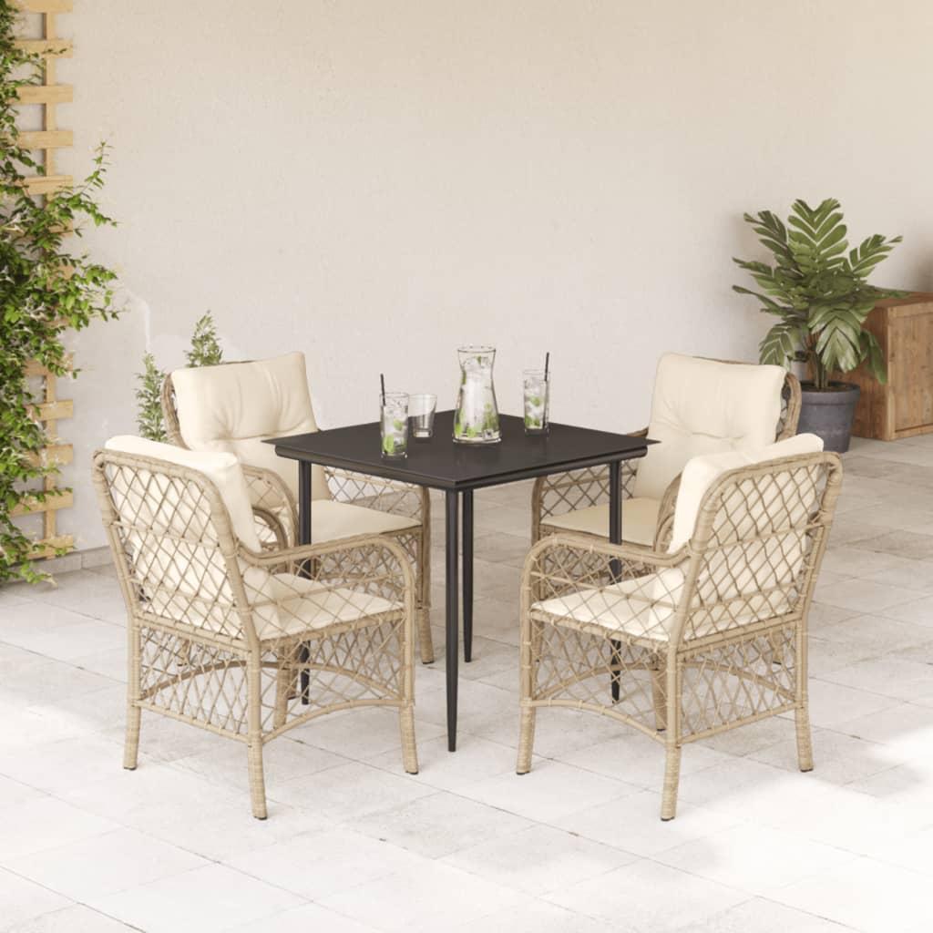 Spisebordssæt til haven 5 dele med hynder polyrattan beige