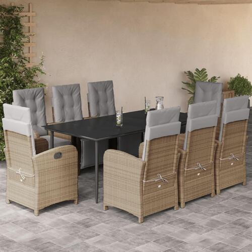 Spisebordssæt til haven 9 dele med hynder polyrattan beige