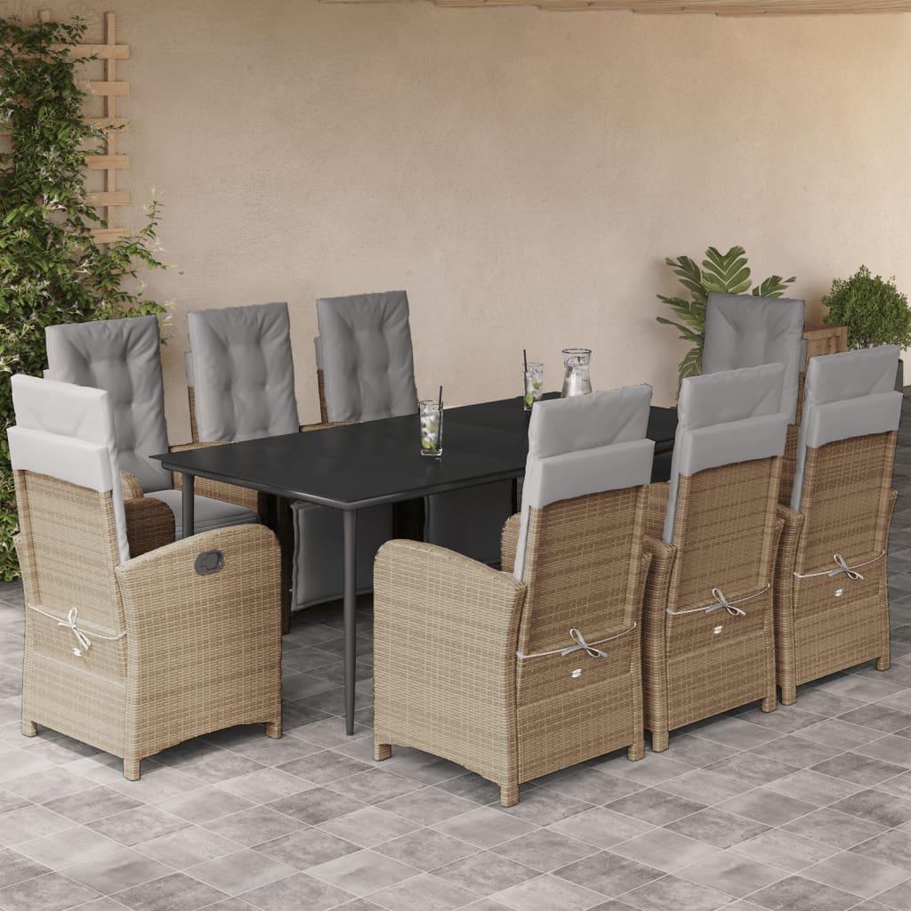 Spisebordssæt til haven 9 dele med hynder polyrattan beige