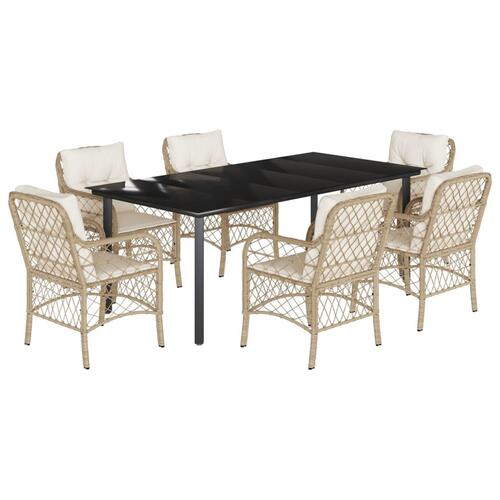 Spisebordssæt til haven 7 dele med hynder polyrattan beige