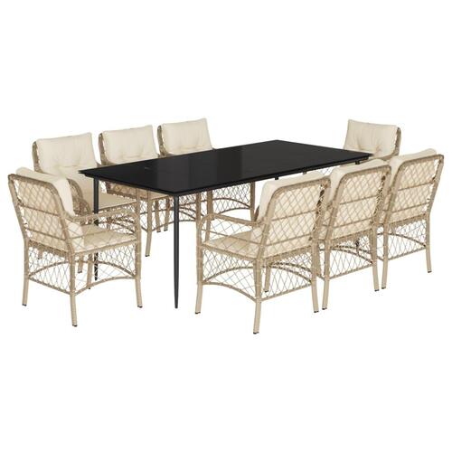 Spisebordssæt til haven 9 dele med hynder polyrattan beige