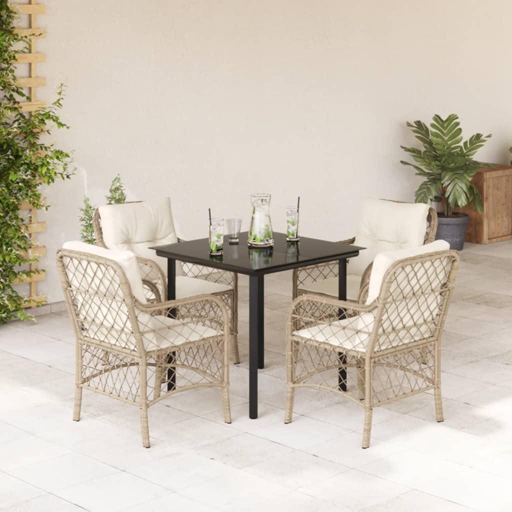 Spisebordssæt til haven 5 dele med hynder polyrattan beige
