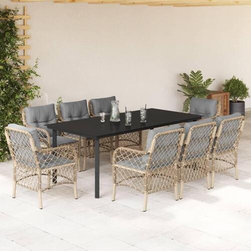 Spisebordssæt til haven 9 dele med hynder polyrattan beige